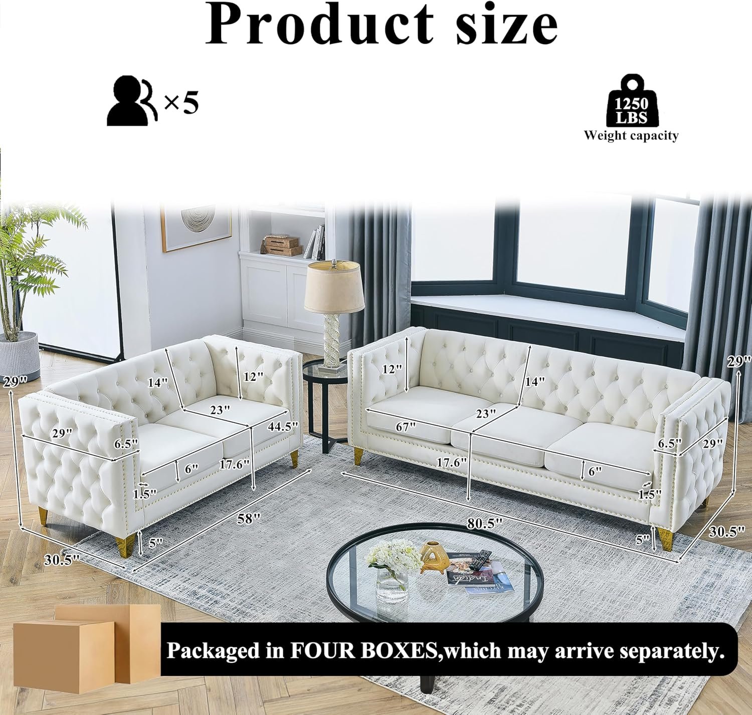 2 Piece Chesterfield Velvet Combination Sofa Set for Living Room,3-Seater and Loveseat Sofa Set Tufted Couch with 4 Pillows,Rolled Arms and Nailhead for Living Room, Bedroom, Office Beige - Image 2